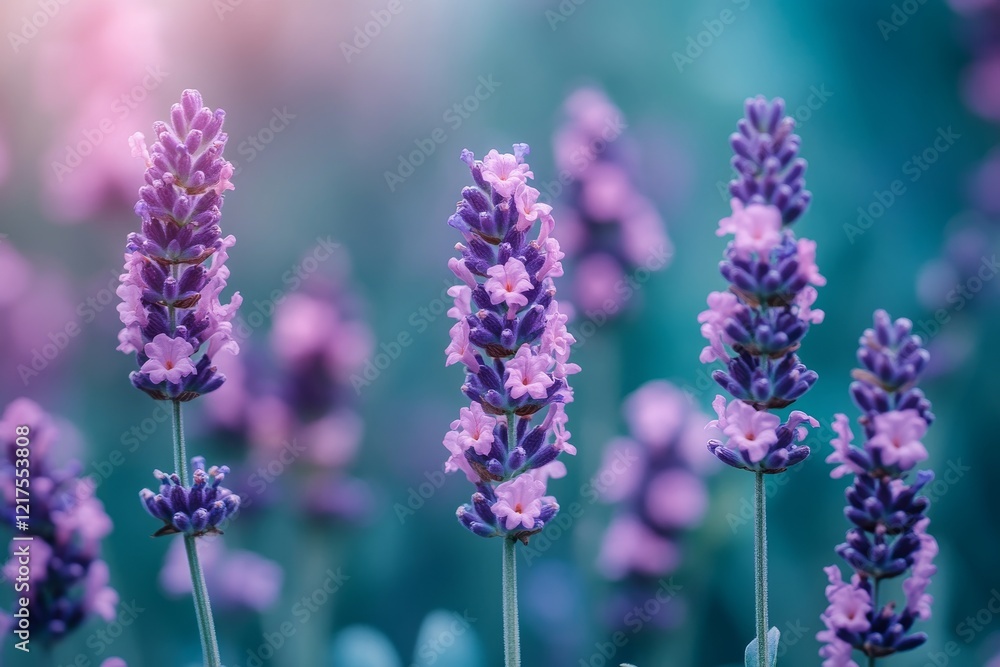 Obraz premium A close-up of blooming flowers in a garden, showcasing roses and lavender with delicate petals and vibrant colors against a softly blurred green background