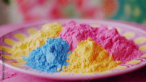 A close-up of colorful Holi powders spread out on a traditional plate, showcasing vibrant hues of pink, yellow, blue, and green, symbolizing the joyful spirit of the festival. photo