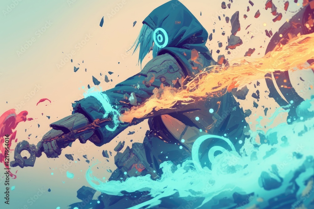 Obraz premium Hooded Figure Wielding Fiery and Icy Powers