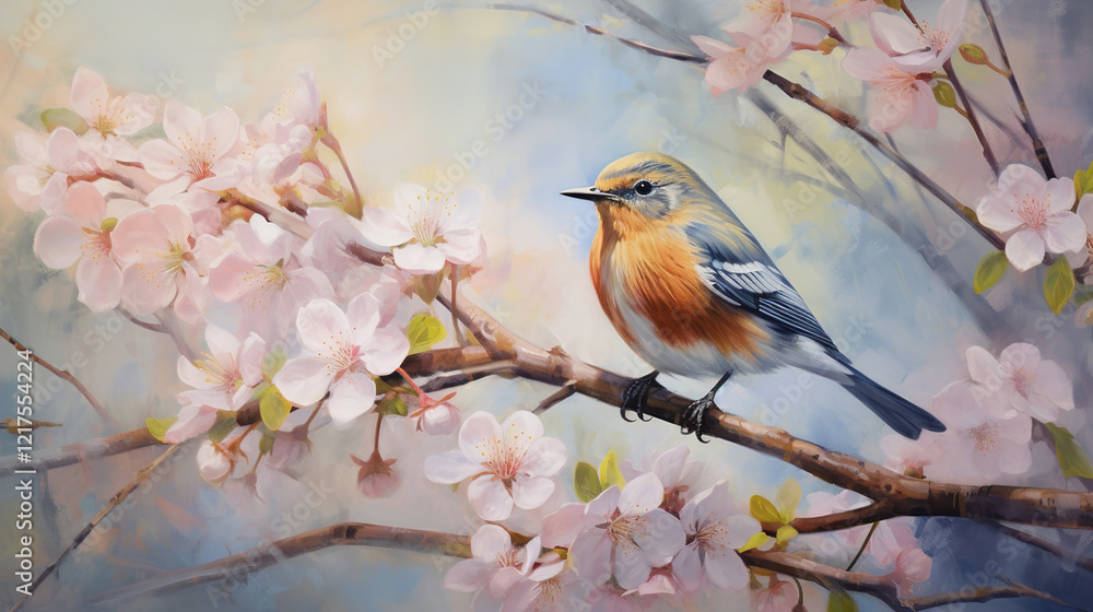 Spring Bird in Blossom Tree - A Peaceful Spring Scene Spring Bird in Blossom Tree - A Peaceful Spring Scene