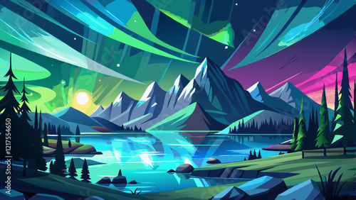 panorama with northern lights in night starry sky against background of mountains and lakes. Generative AI illustration