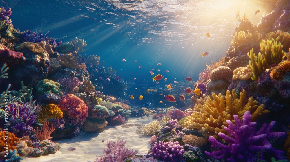 Naklejka premium Vibrant Underwater Scene with Colorful Coral Reefs and Tropical Fish Illuminated by Sunlight Streaming Through Ocean Surface