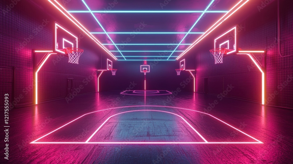 Naklejka premium A vibrant basketball court illuminated by neon lights, creating a dynamic and energetic atmosphere.