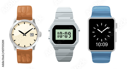 Electronic and mechanical metal wristwatch, smart watch. Vector color icon for info graphic, poster, web. Isolated on white background.