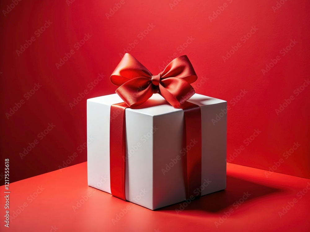 Abstract red background accentuates a geometric gift; a clean, modern architectural photo featuring a red bow on a white box. Abstract red background accentuates a geometric gift; a clean, modern architectural photo featuring a red bow on a white box.