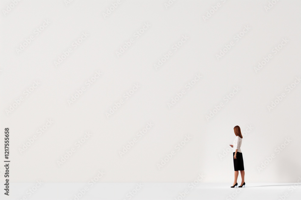 A woman standing in a minimalist white space with a blurred focus creating an abstract composition. Copy space A woman standing in a minimalist white space with a blurred focus creating an abstract composition. Copy space