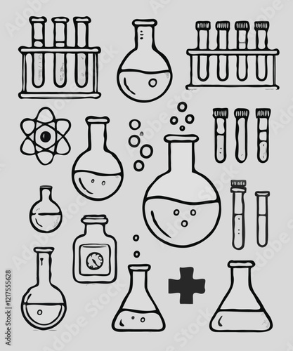 Adobe Illustrator Artwork, Laboratory glassware, test tubes, microscope, flask, flasks. Science icons set, doodle style, illustration. 
Illustration of a set of lab equipment. Chemistry icons set. 