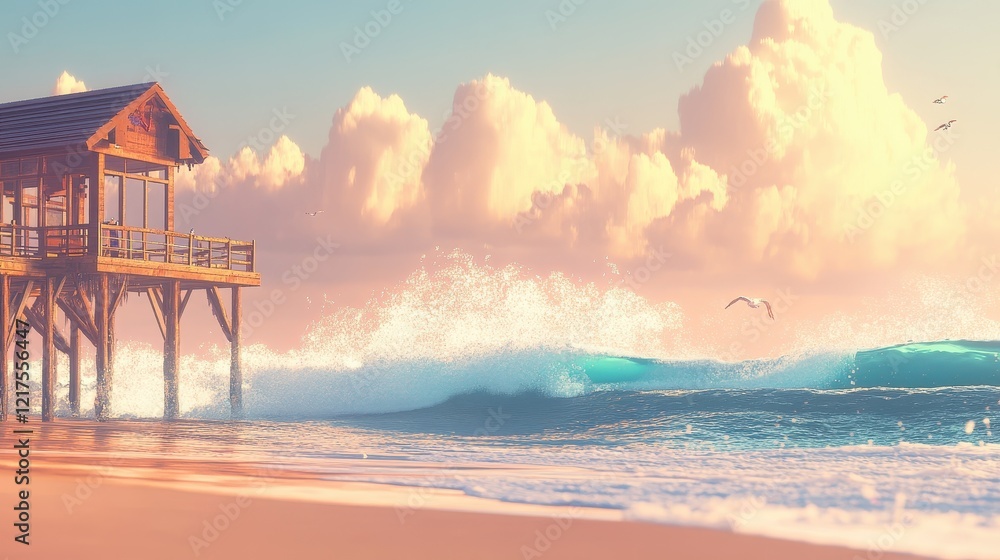 Wooden Overwater Cabana Sunset Ocean Waves