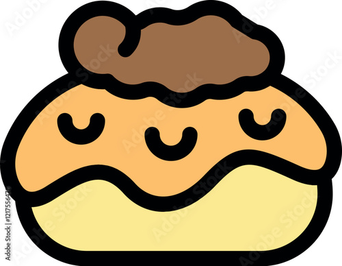 Sweet cartoon cream puff with closed eyes and a peaceful expression, covered in icing and chocolate