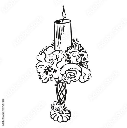 Wedding romantic candle in a candlestick decorated with flowers. Wedding decoration hand drawn with black ink. Vector image on a white background.