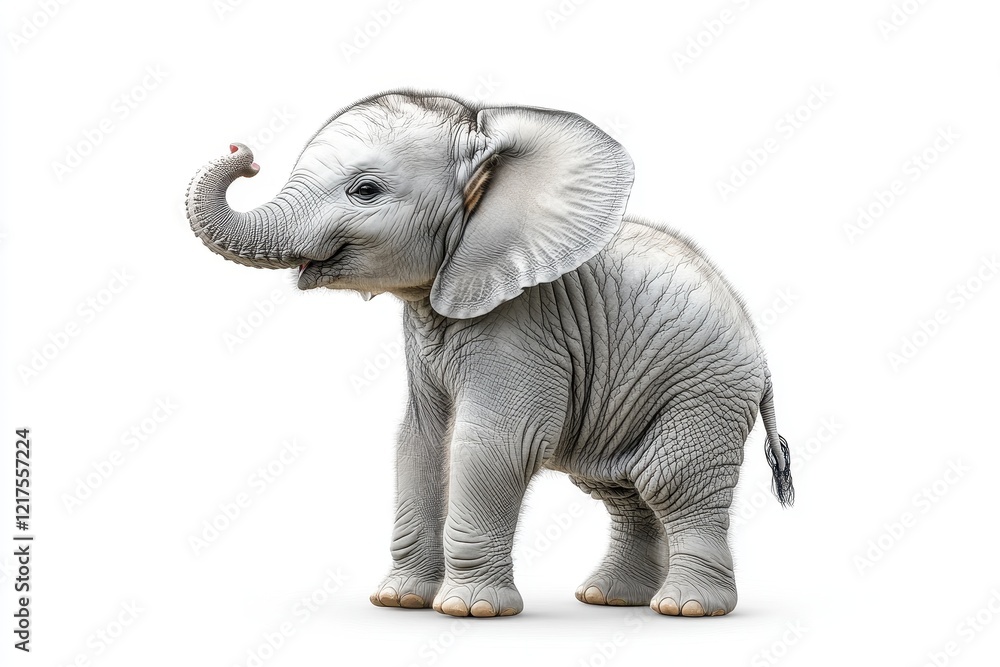 Fototapeta premium A cute, realistic baby elephant standing against a white background.