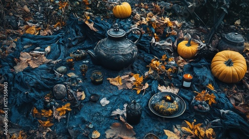 Autumnal Still Life with Teapot Pumpkins and Candles photo