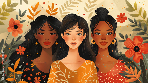 Three diverse women in a floral garden setting, celebrating unity and beauty.
