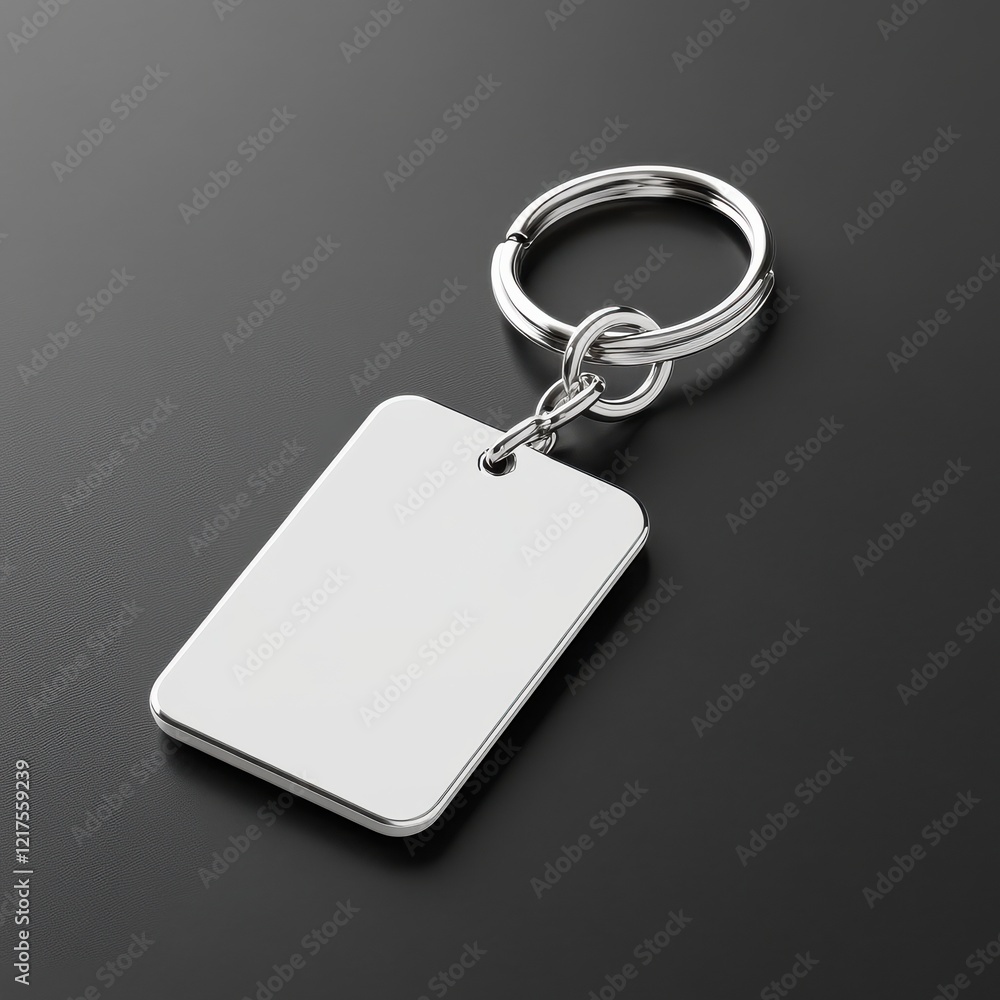 Fototapeta premium Keychain Mockup concept. A silver keychain with a blank rectangular tag on a dark surface, suitable for personalization or branding.