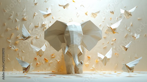 Origami elephant surrounded by paper butterflies.
