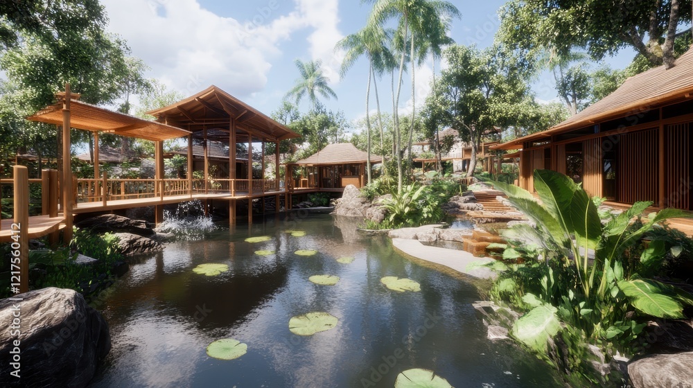 Tropical Wooden Structures Surround Serene Pond Tropical Wooden Structures Surround Serene Pond