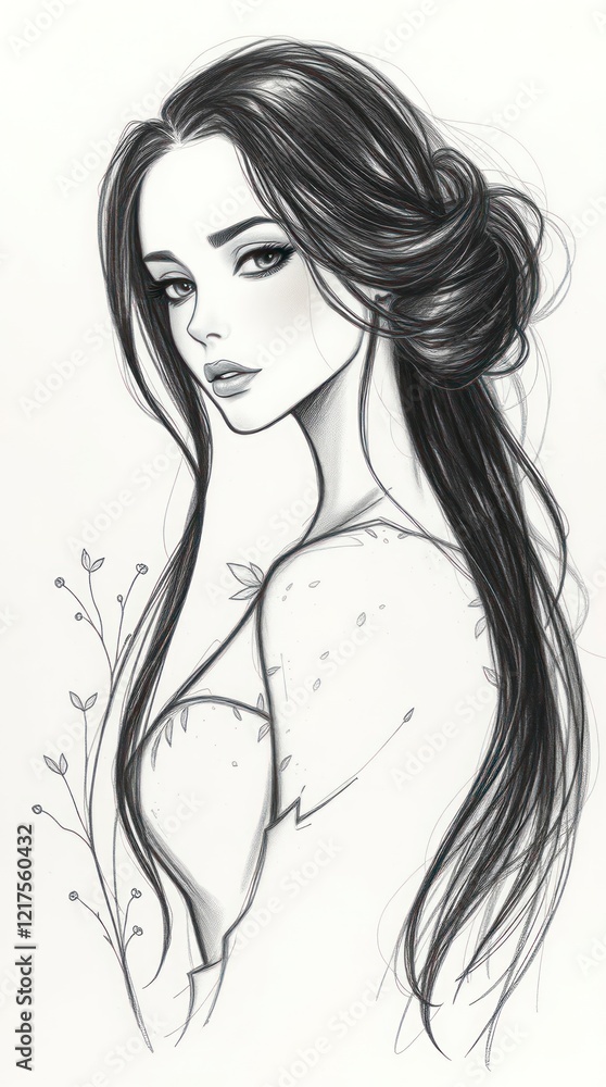 Elegant Woman Pencil Sketch Art Print Beautiful Hair Floral Design