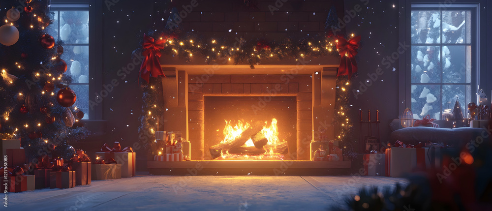 Obraz premium Glowing fireplace surrounded by Christmas decorations for a festive indoor scene -