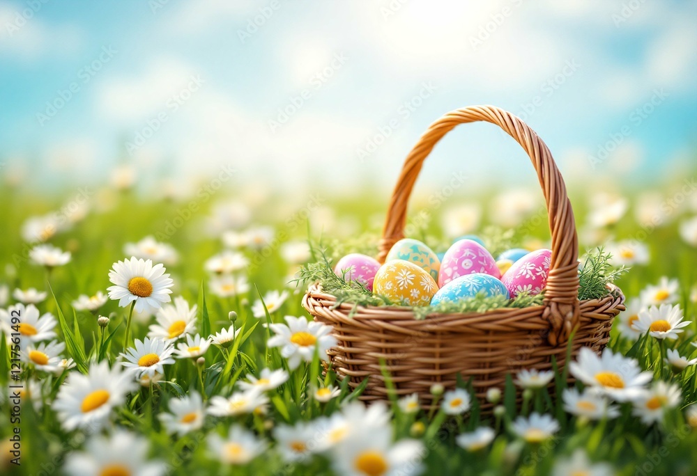 Easter basket with colorful painted eggs in spring meadow with blooming daisies. Traditional holiday celebration surrounded by white flowers on sunny day. Nature festive scene Easter basket with colorful painted eggs in spring meadow with blooming daisies. Traditional holiday celebration surrounded by white flowers on sunny day. Nature festive scene