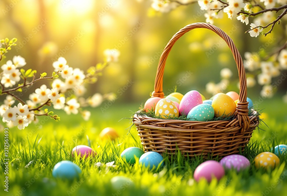 Colorful easter eggs in wicker basket on spring grass at sunset. Decorated eggs with white cherry blossom flowers and golden sunlight. Holiday celebration concept with copy space Colorful easter eggs in wicker basket on spring grass at sunset. Decorated eggs with white cherry blossom flowers and golden sunlight. Holiday celebration concept with copy space