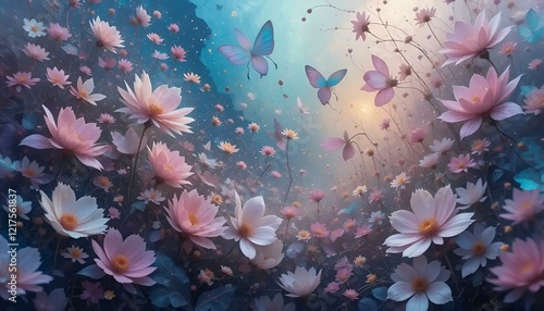 Serene lotus flower scene with butterflies and ethereal light, dreamy atmosphere
