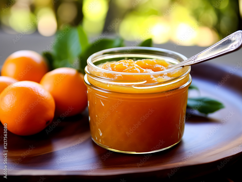 Orange jam in a glass jar on a wooden table, selective focus Orange jam in a glass jar on a wooden table, selective focus