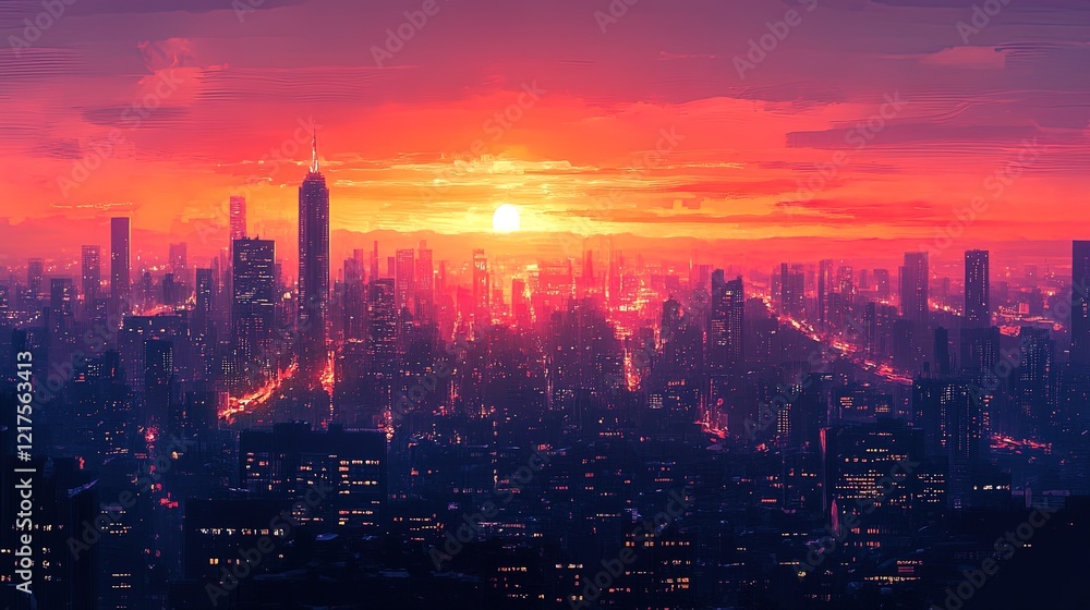 Obraz premium City skyline at dusk, lights illuminating the modern urban landscape