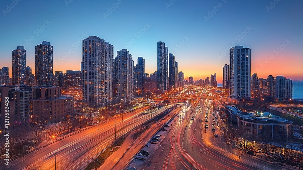 City skyline at dusk, lights illuminating the modern urban landscape City skyline at dusk, lights illuminating the modern urban landscape