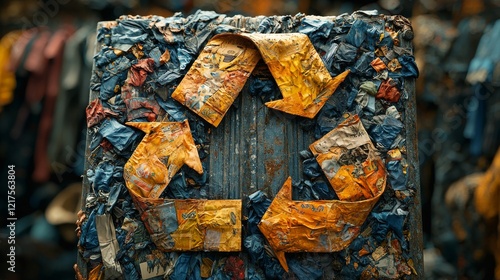 Recycle symbol fashioned from assorted garments. Recycle concept. One more life. Second life. Sorting. Donate photo