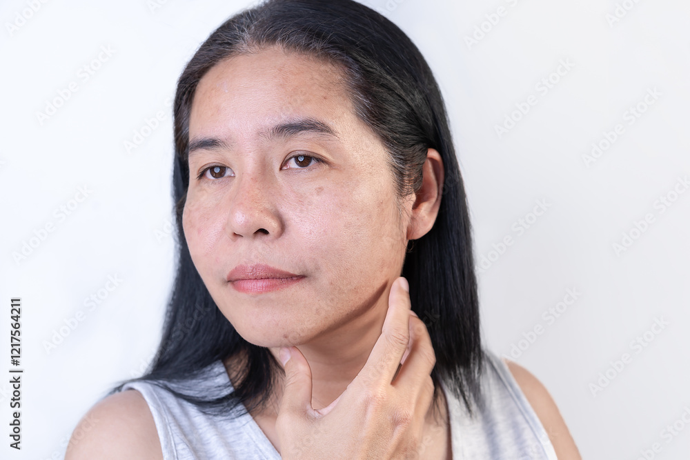 Female face with skin problems, wrinkles, dark spots, and blackheads on the tip of the nose. Lack of moisture, lack of nourishment Pores in oily skin uneven skin tone Skin care concepts. Female face with skin problems, wrinkles, dark spots, and blackheads on the tip of the nose. Lack of moisture, lack of nourishment Pores in oily skin uneven skin tone Skin care concepts.