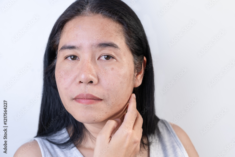 Female face with wrinkled skin problems Blemishes and dark spots Blackheads on the tip of the nose Lack of moisture, lack of nourishment Pores in oily skin uneven skin tone Skin care concepts. Female face with wrinkled skin problems Blemishes and dark spots Blackheads on the tip of the nose Lack of moisture, lack of nourishment Pores in oily skin uneven skin tone Skin care concepts.