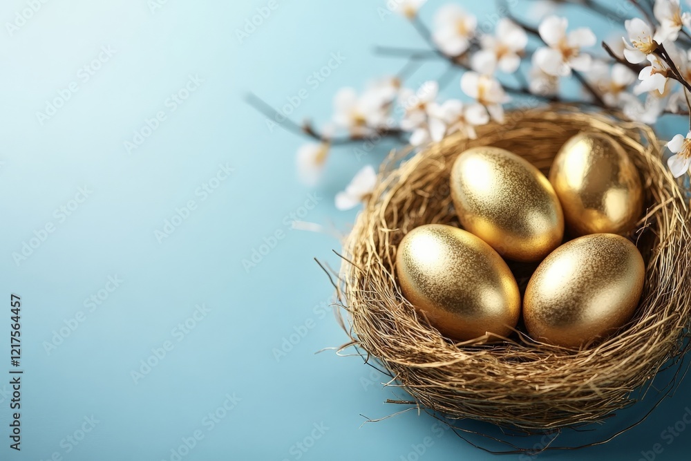 Decorative golden eggs nestled in a natural nest with blossoms on a blue backdrop during springtime festivities Decorative golden eggs nestled in a natural nest with blossoms on a blue backdrop during springtime festivities