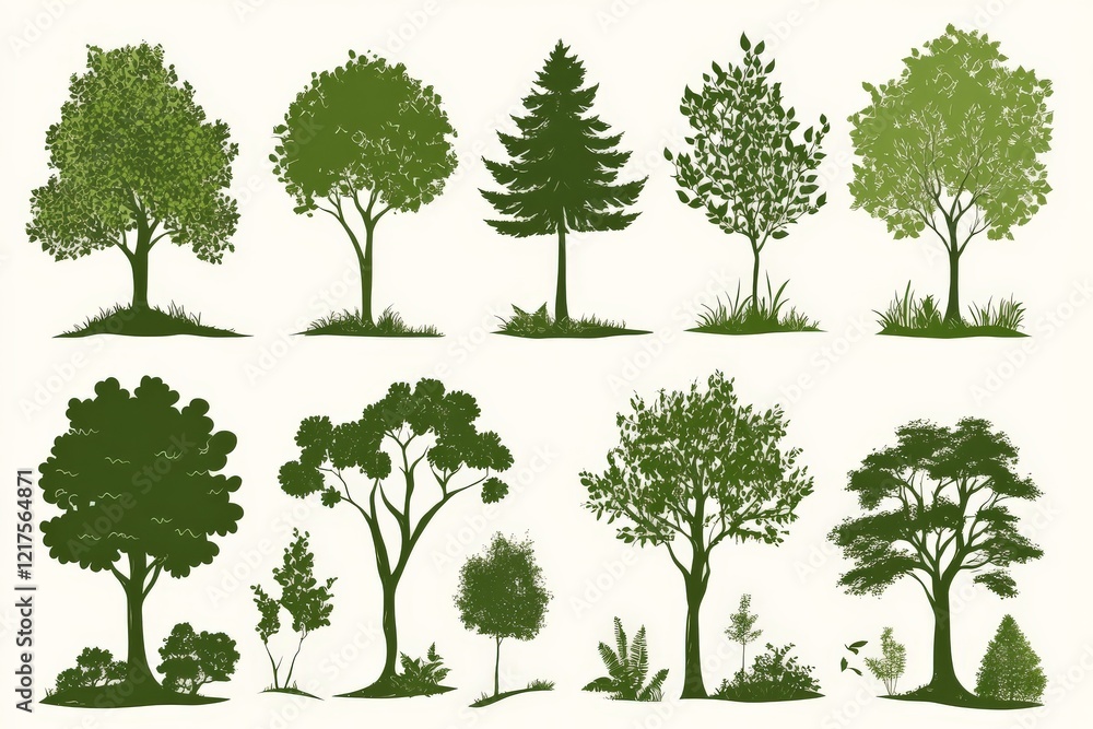 Fototapeta premium Different types of trees illustrated in various shades of green on a light background