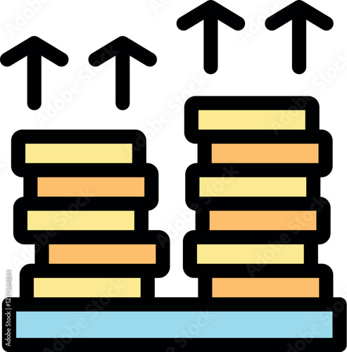 Stacks of coins are getting taller, with upward arrows indicating increasing profits and financial success