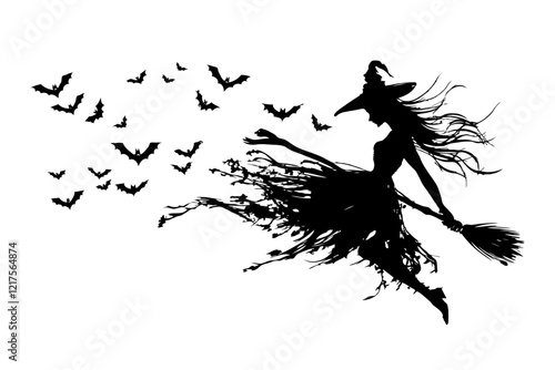 Silhouette Halloween witch is flying on a broomstick on white background. Vector illustration.