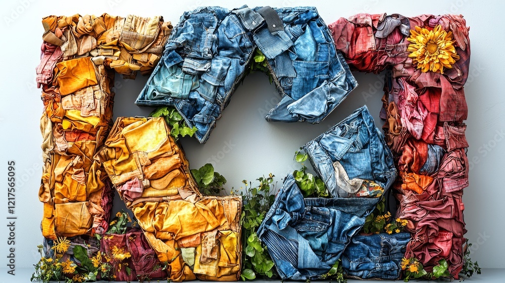 Fototapeta premium Recycle symbol fashioned from assorted garments. Recycle concept. One more life. Second life. Sorting. Donate