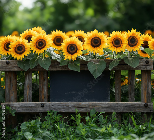 A wooden fence with several sunflowers, some of which have opened and others that still have their closed petals. photo