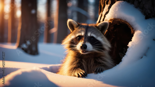 curious raccoon peeks out from snowy tree hollow during serene winter sunrise in forest, with soft sunlight illuminating its fur and surrounding snow