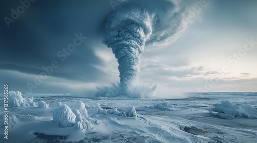Massive icy vortex over frozen landscape.