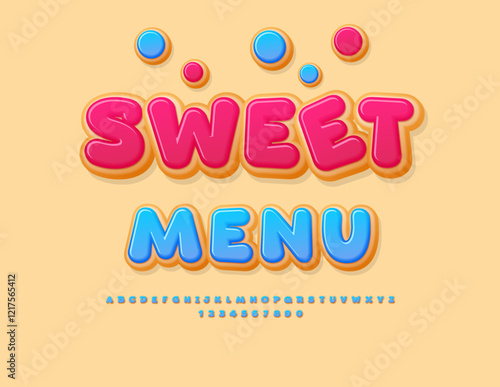 Vector Tasty emblem Sweet Menu with Delicious Donut Font. Cartoon style Alphabet Letters and Numbers set.