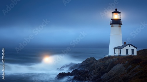 Wallpaper Mural A serene lighthouse stands on rocky shores, illuminated against a moody blue sky and crashing waves, embodying coastal tranquility and guiding light. Torontodigital.ca