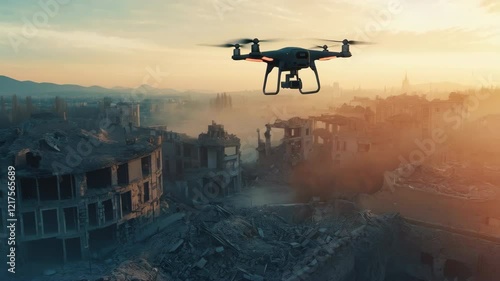 Drone Surveying a War-Torn City at Sunset With Ruined Buildings in the Background. Generative AI