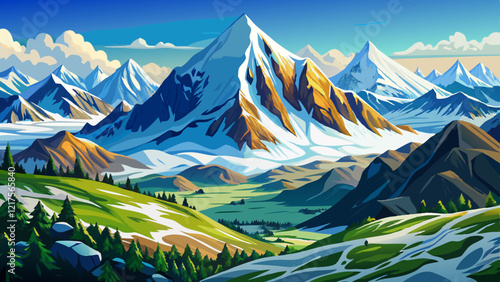 large panorama sur une chaîne de montagne enneigées des Alpes suisses