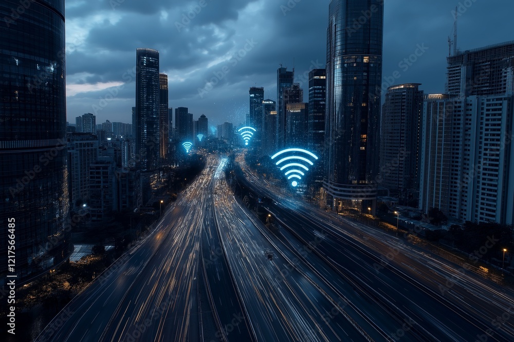 Fototapeta premium A city street with a lot of traffic and a few buildings