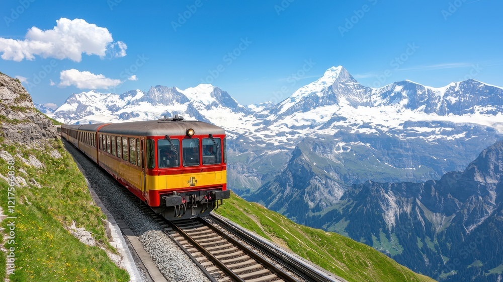 A scenic train travels along a mountainous railway, surrounded by breathtaking peaks and clear blue skies. A scenic train travels along a mountainous railway, surrounded by breathtaking peaks and clear blue skies.