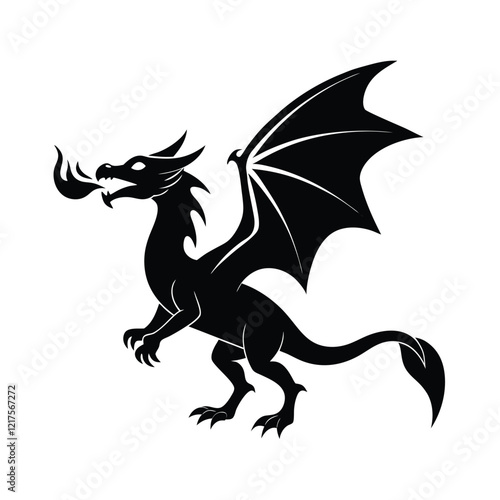 dragon with wings spread breathing fire vector silhouette illustration on white background