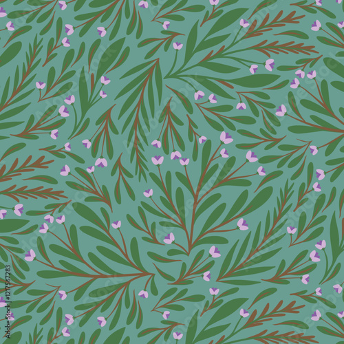 Whimsical forest background, greenery with blossoms, seamless pattern, vector illustration.  photo