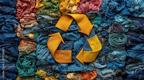 Recycle symbol fashioned from assorted garments. Recycle concept. One more life. Second life. Sorting. Donate