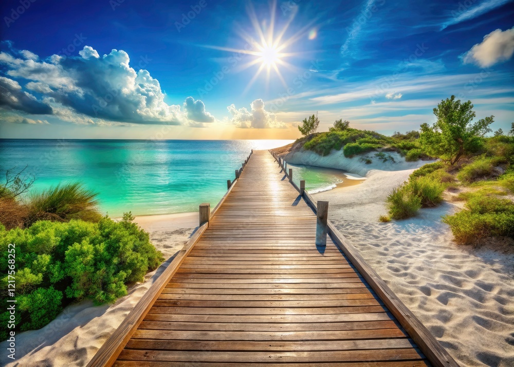 Obraz premium Coastal path's wooden walkway offers breathtaking ocean views, perfect for a summer beach escape.