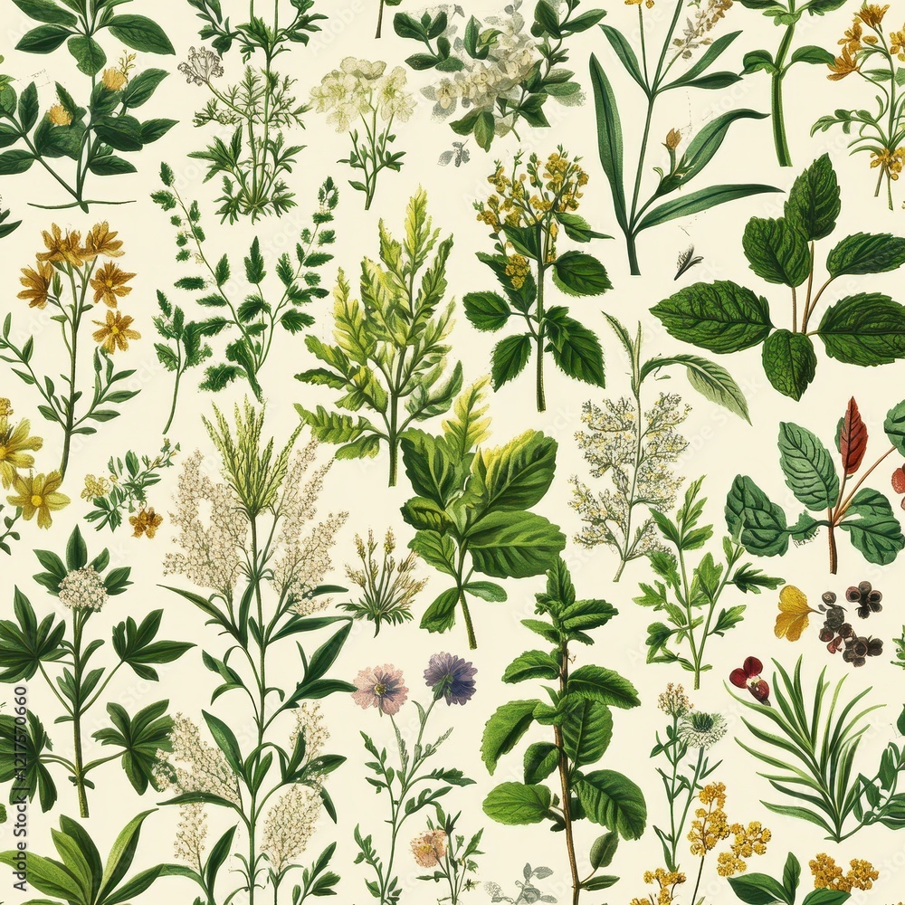 A Botanical Illustration Featuring Various Flowers And Plants A Botanical Illustration Featuring Various Flowers And Plants